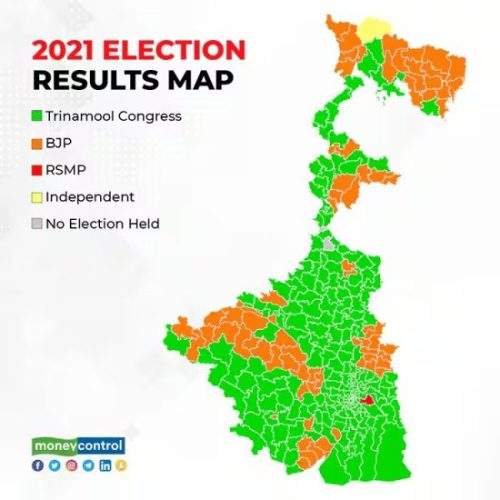 Map showing the 2021 West Bengal election results by district with party-wise color coding