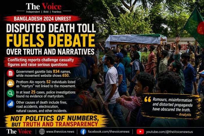 Photocard showing protesters carrying a symbolic coffin and waving Bangladesh flags, overlaid with text about disputed death toll figures during the 2024 unrest.