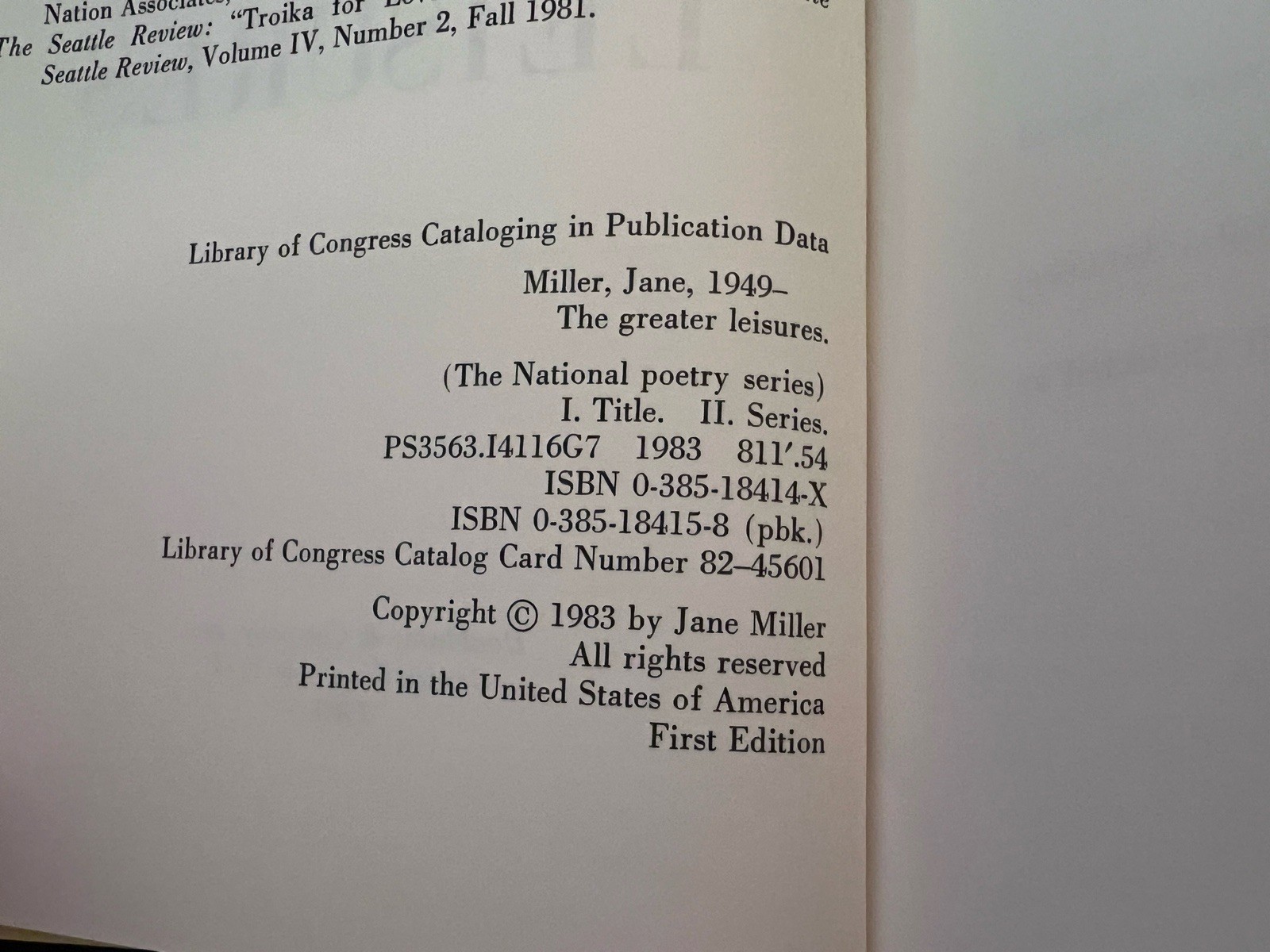 THE GREATER LEISURES 1ST ED (National Poetry Series) By Jane Miller – HC w DJ