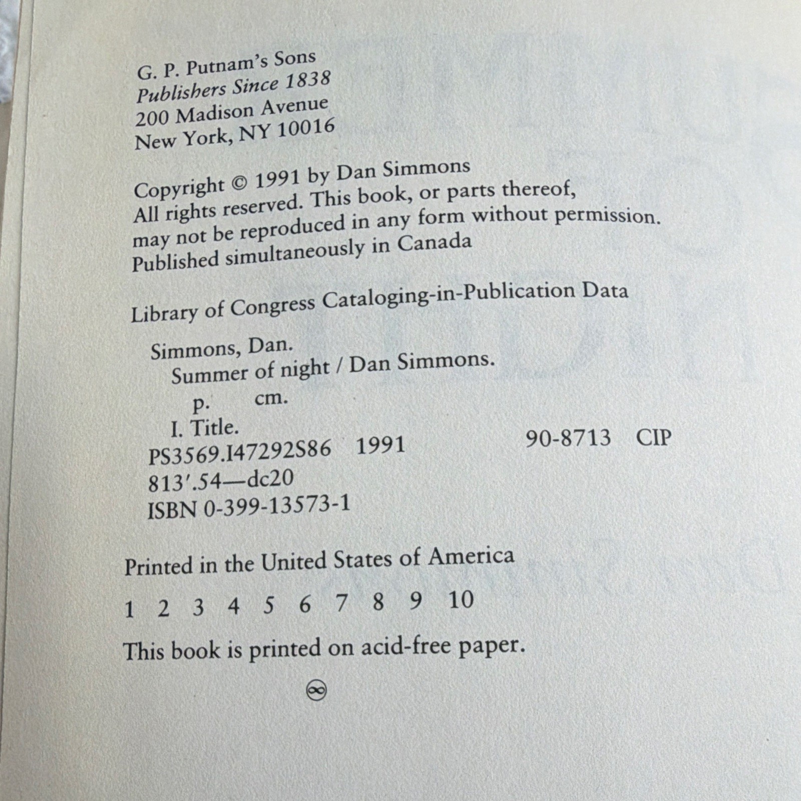 Dan Simmons Summer of Night Signed First Edition Hardcover w/ Dust Jacket, 1991