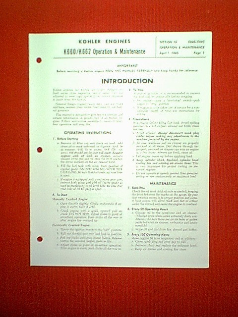 KOHLER ENGINE MODELS K660 & K662 SERVICE MANUAL 1960