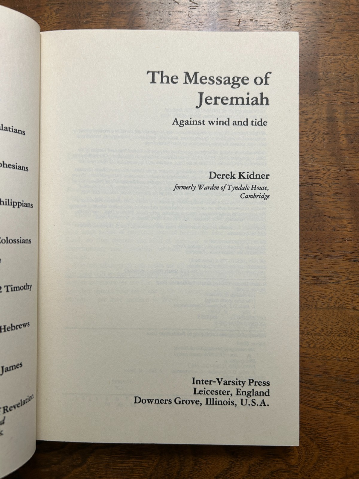 The Message of Jeremiah (Bible Speaks Today) by Kidner 1987