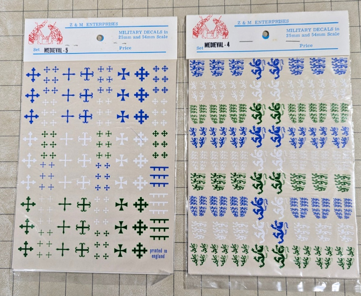 Z&M ENTERPRISES 25mm 28mm 54mm MEDIEVAL #4 and MEDIEVAL #5 DECAL SETS