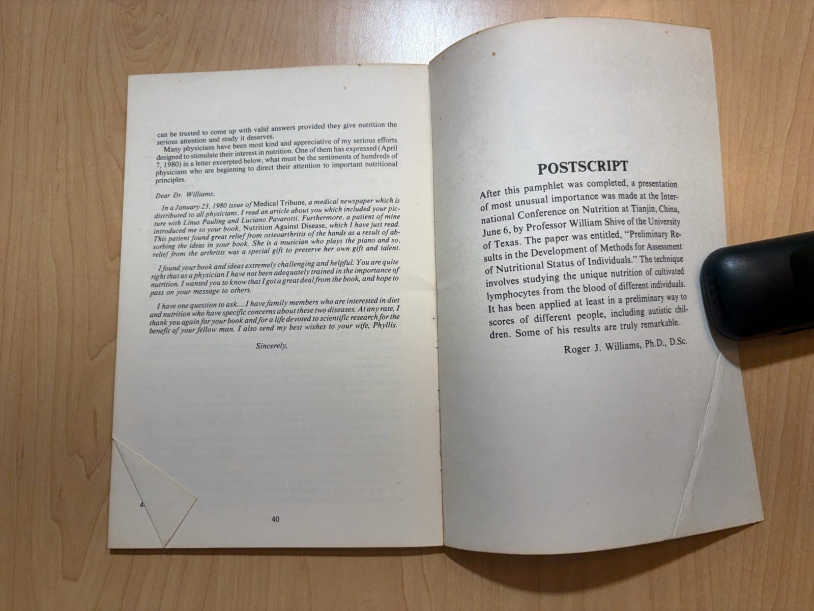 Roger J Williams SIGNED Advancement Of Nutrition Book Inscribed Booklet 1982