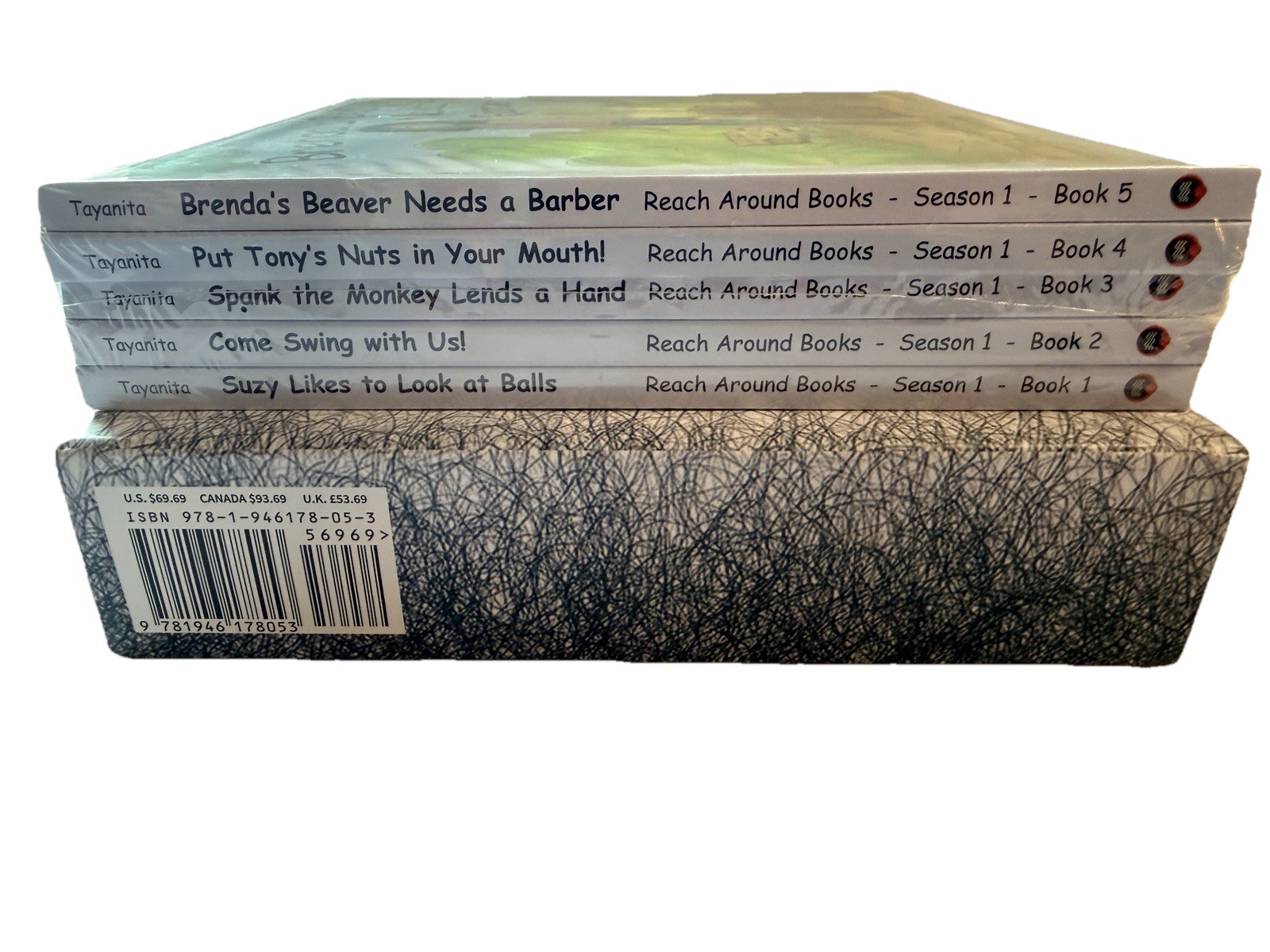 Reach Around Books Season One–All 5 Books Brand New with Sleeve Container Funny