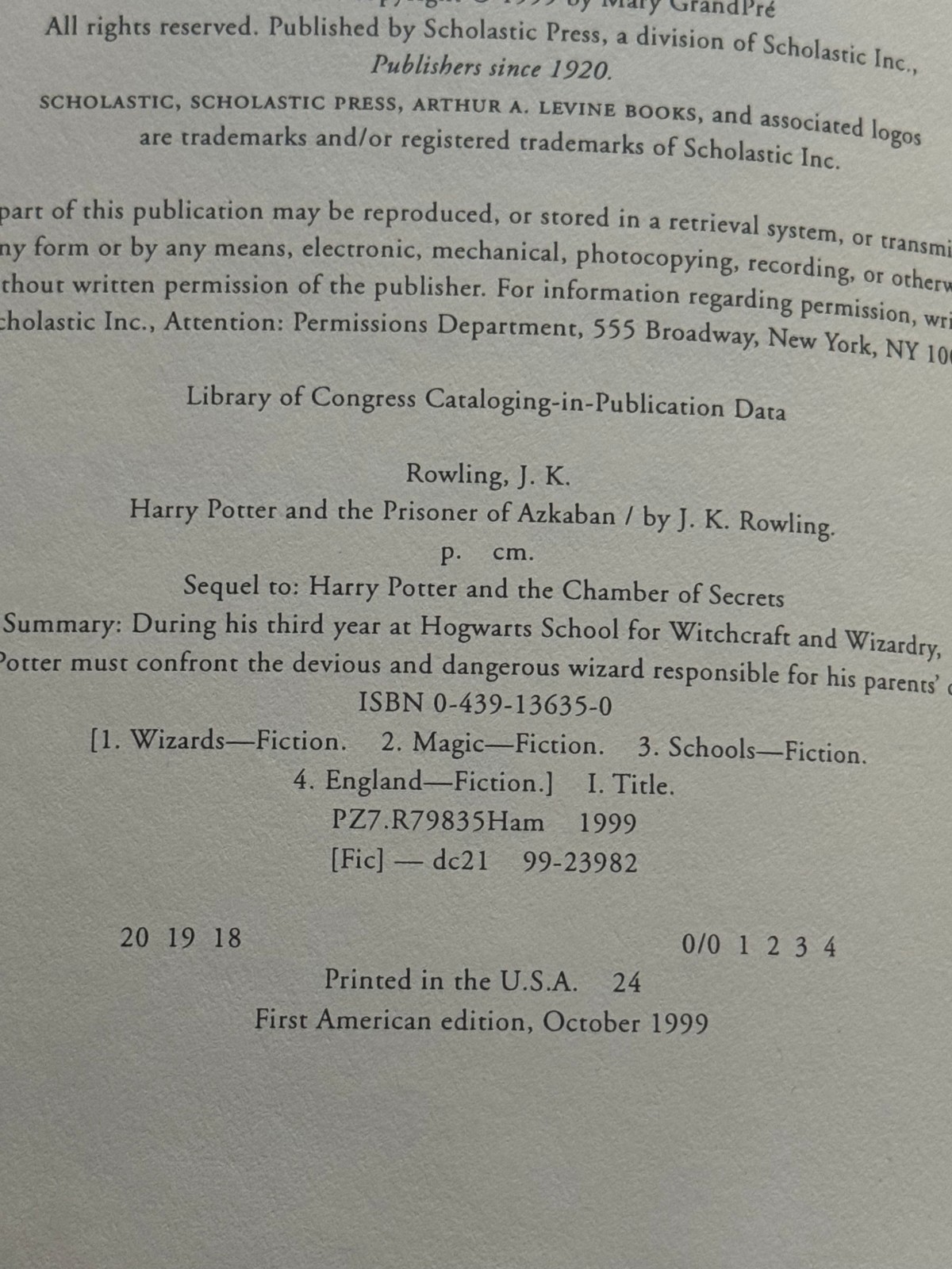 Harry Potter and the Prisoner of Azkaban First Print First Edition HCDJ 1999