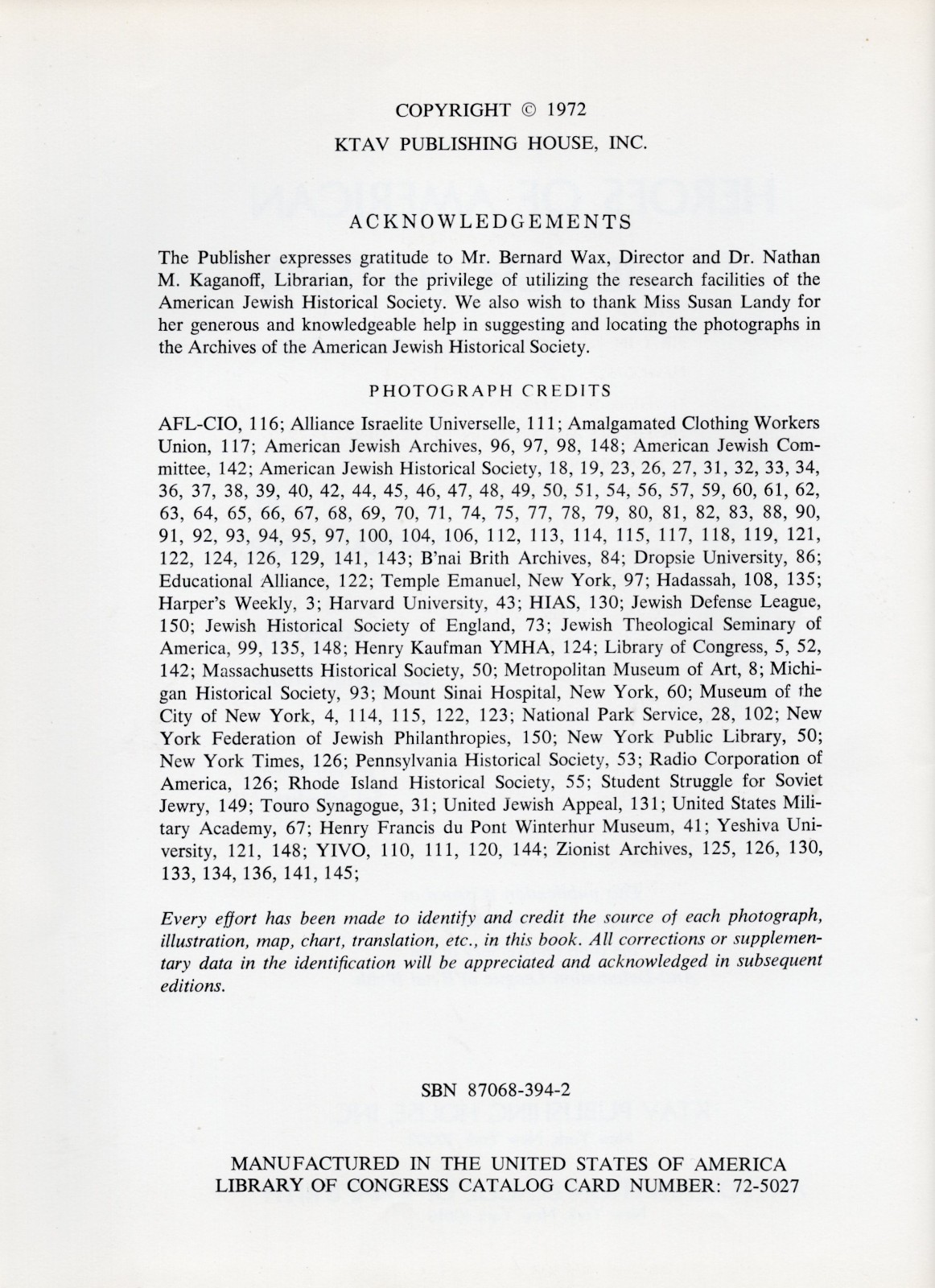 HEROES OF AMERICAN JEWISH HISTORY, HRDCVR, ADL B’NAI B’RITH 60th ANNVSRY, 1972