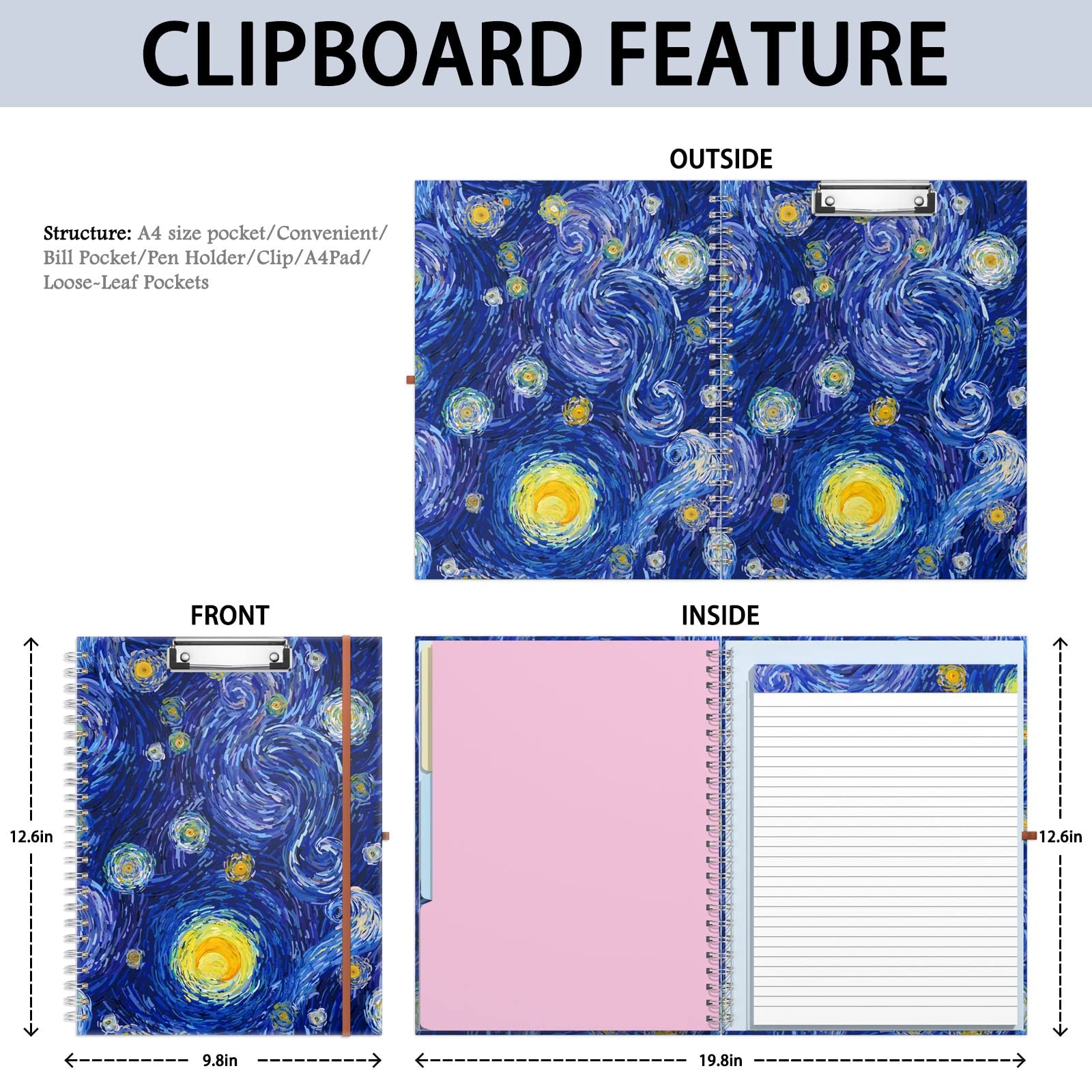 Spiral Clipboard Folio with Refillable Lined Notepad, 14.5 x 9.8 In, Hardcove…