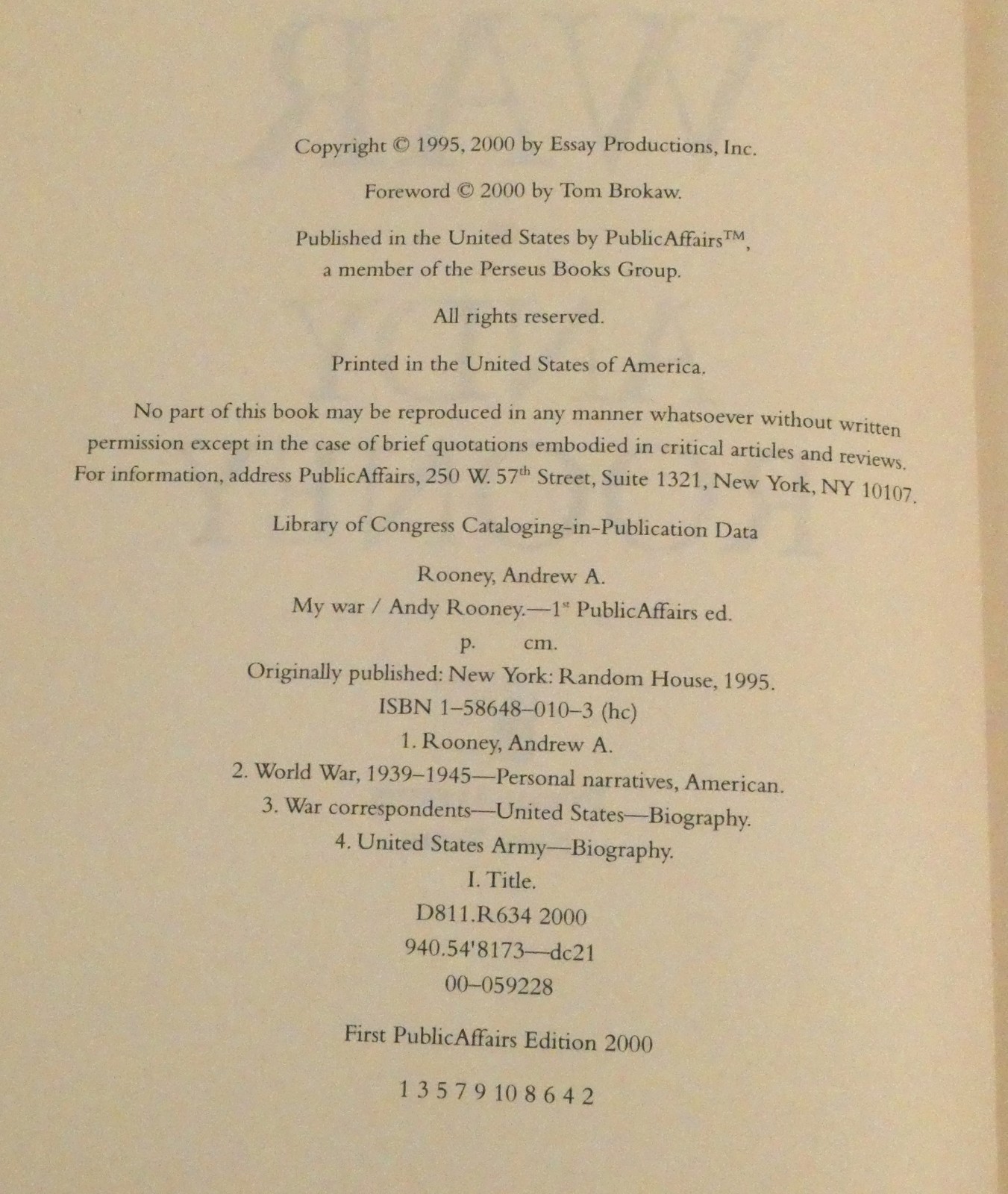 My War Hardcover DJ Book Andy Rooney 1st Public Affairs Edition 2000