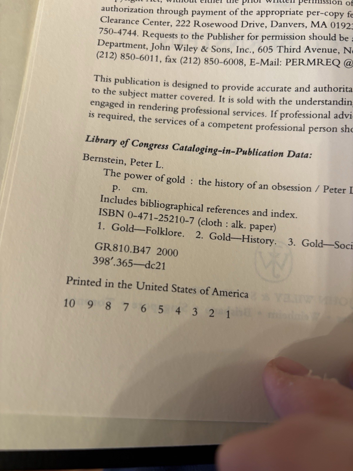 The Power of Gold. Peter Bernstein. 1st HC Ptg. Wiley 2000. Fine Unread
