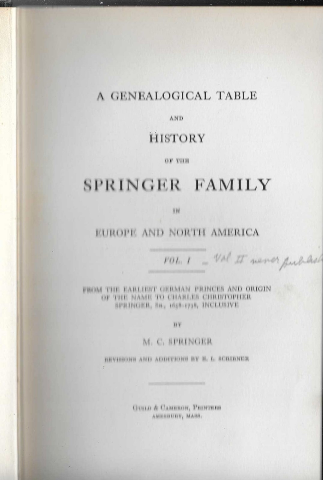 The SPRINGER Family in Europe & North America 1917 Genealogy