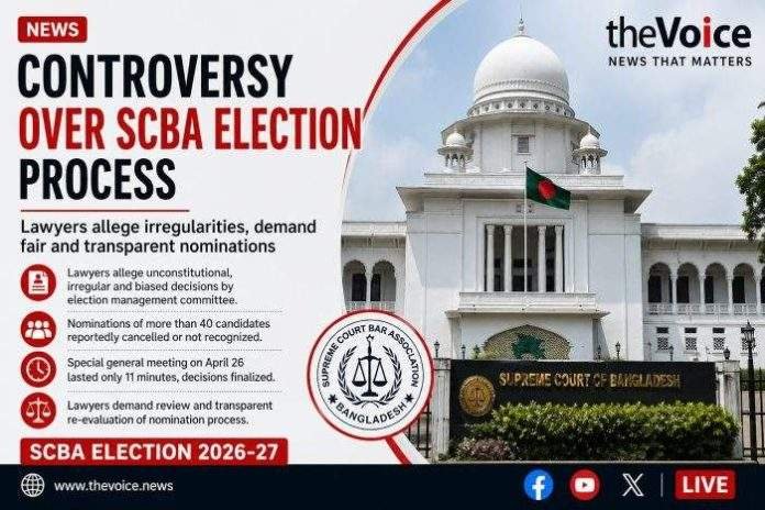 News photocard showing Bangladesh Supreme Court with headline about SCBA election controversy